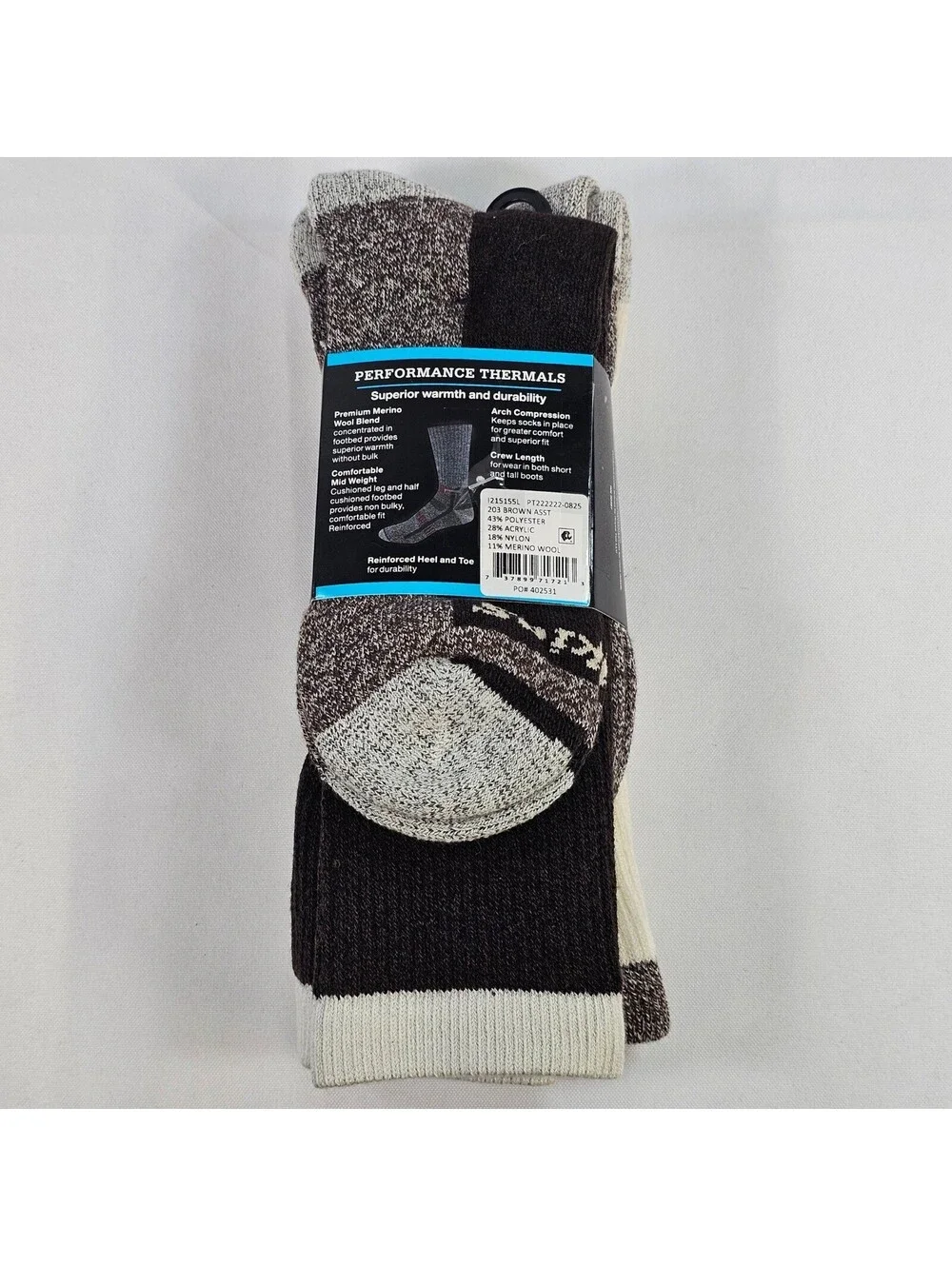 Dickies Mens 2 Pack Merino Wool Blend Performance Thermal Crew Socks Brown 6-12